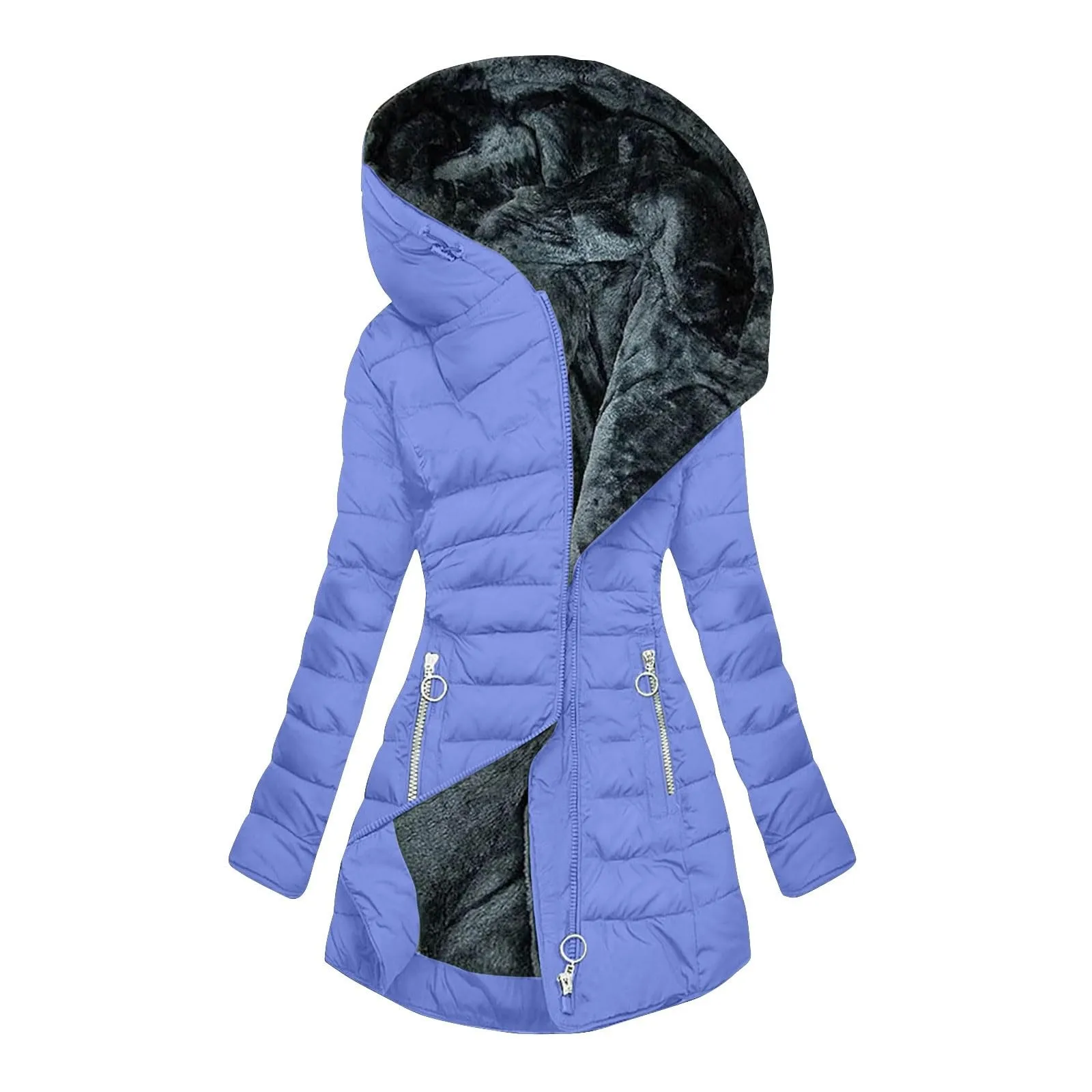 Outono inverno sólido composto zíper acolchoado casaco manga longa bolso fino ajuste outerwear feminino forro de lã quente jaqueta com capuz