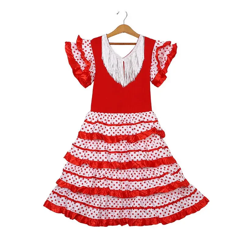 Spanisches Flamenco-Tanzkleid im mexikanischen Stil für Mädchen, 1–13 Jahre, schulterfreies Rüschen-Satin-Performance-Outfit