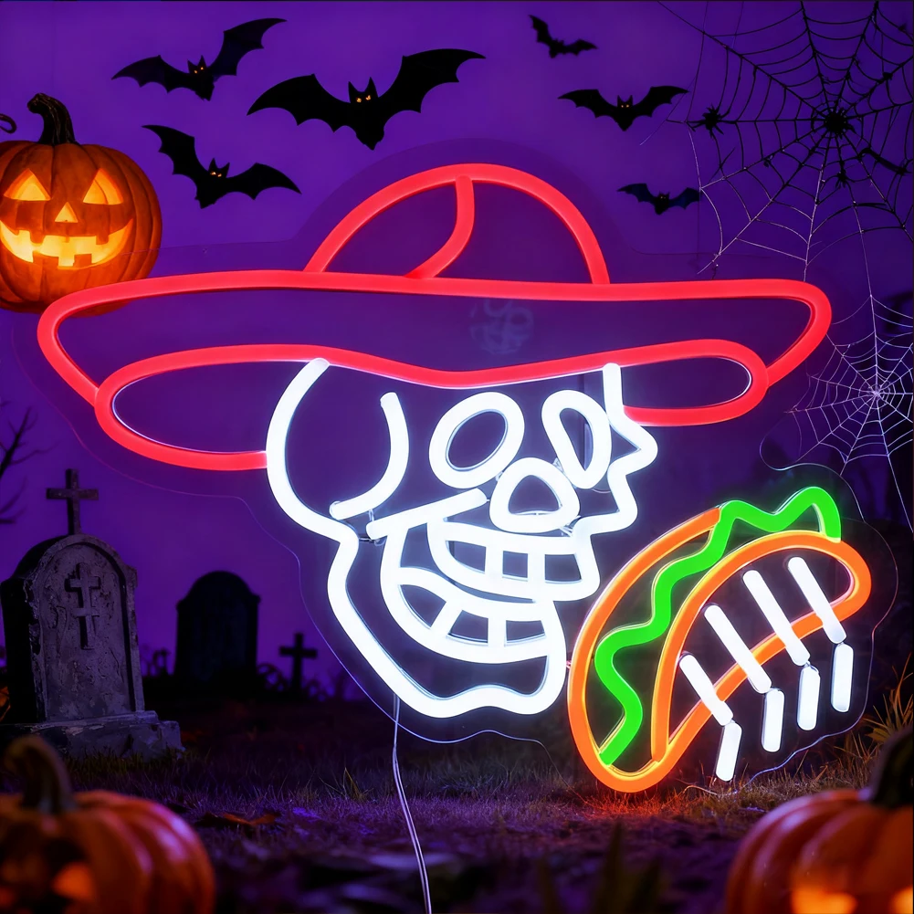 Skeleton Taco Neon Sign Customizable Day of the Dead LED Neon Light Wall Decor for Halloween Party Bar Pub Mexican Restaurant De