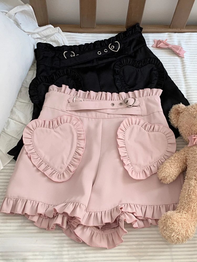 

Japanese Sweet Lolita Shorts Women's Gothic Love Ruffles Pocket High Waist Short Pants Cute Girls Harajuku Black Pink Y2k Shorts