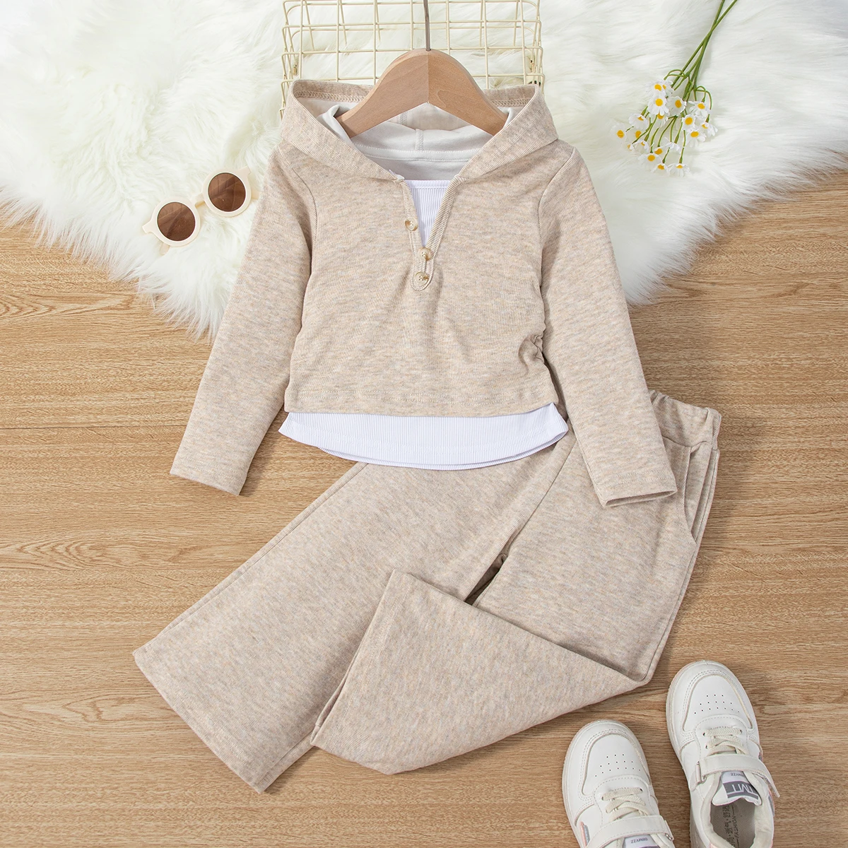 Einfarbiges, langärmliges Kapuzenoberteil und Hose für Mädchen für Frühling/Herbst, lässiges zweiteiliges Set, trendiges Outfit, Kindermode C – Detail 13
