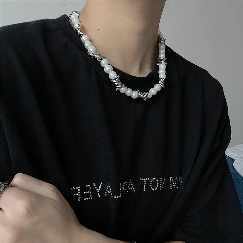 Fashion Stitching Thorns Chain Pearl Beaded Necklace Men Jewelry 2022 Trend Street Hip-hop Necklaces Jewelri Man Punk