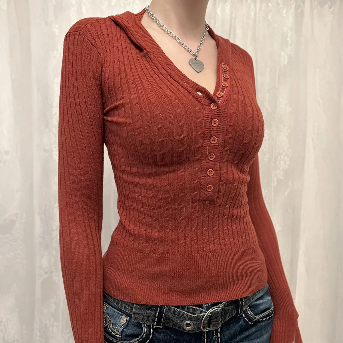 

Casual Button Long-Sleeve T-Shirt Hoodie Knitwear for Women 2025 Autumn/Winter