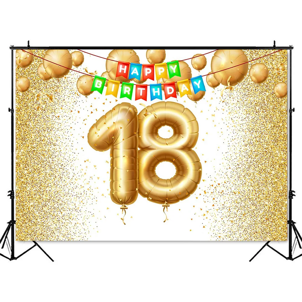 Happy 18th Birthday Backdrop Gold Glitter Balloons Photo Booth Background Photocall Eighteen Birthday DIY Photocall Backdrops