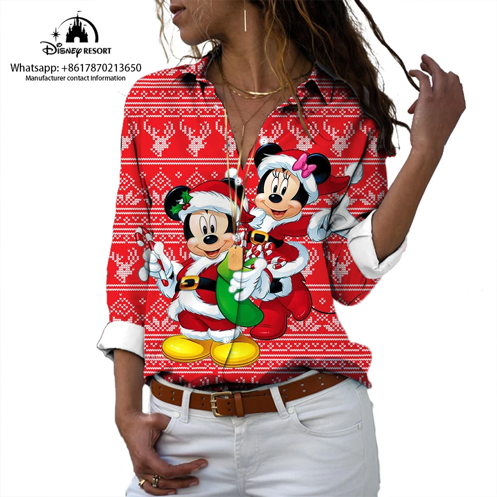 Camisa de lapela de mangas compridas feminina, desenho animado de Natal, Mickey e Minnie, moda de rua, Harajuku, personalidade casual, nova chegada