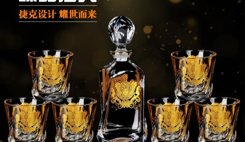 كريستال، زجاج، كأس نبيذ، مجموعة، ورق زهور ذهبي، ويسكي، فاخر خفيف، مجموعة نبيذ