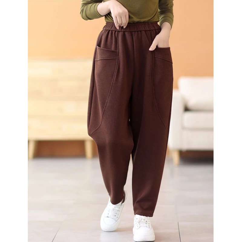 Winter Women Casual Streetwear Vintage Harajuku Fleece Warm Baggy Harem Pants Y2K Female Solid Pockets Loose Sweatpants Pantalon