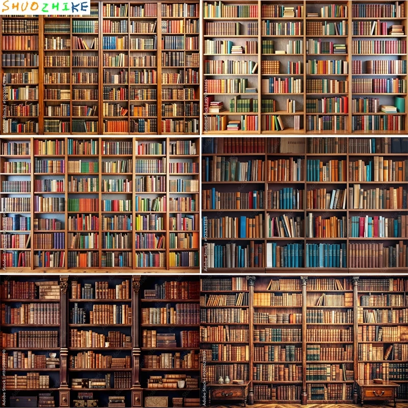 

Wooden Bookshelves With Books Photography Backdrops Classic School Library Room Live Vintage Cabinet Photo Background SJ-02