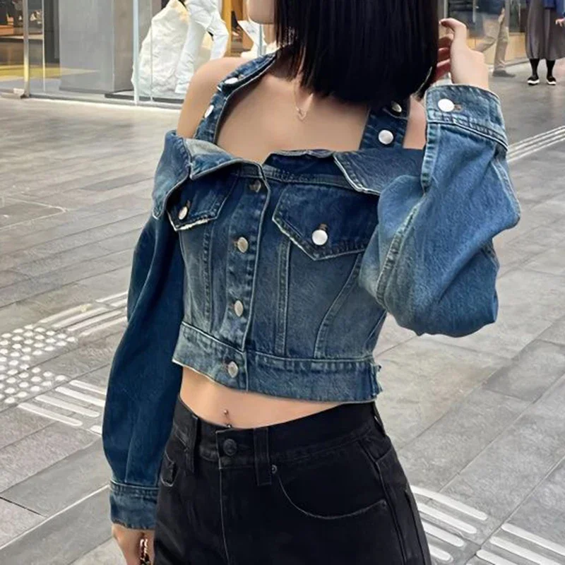 Korean Retro Off Shoulder Design Denim Coat Women's  Long Sleeve Casual Jacket Top Spring Autumn New