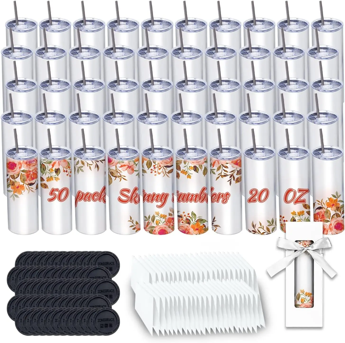 50 Pack Sublimation Tumblers 20 oz Skinny bulk,Stainless Steel Double Wall Insulated Straight Sublimation Tumbler Cups