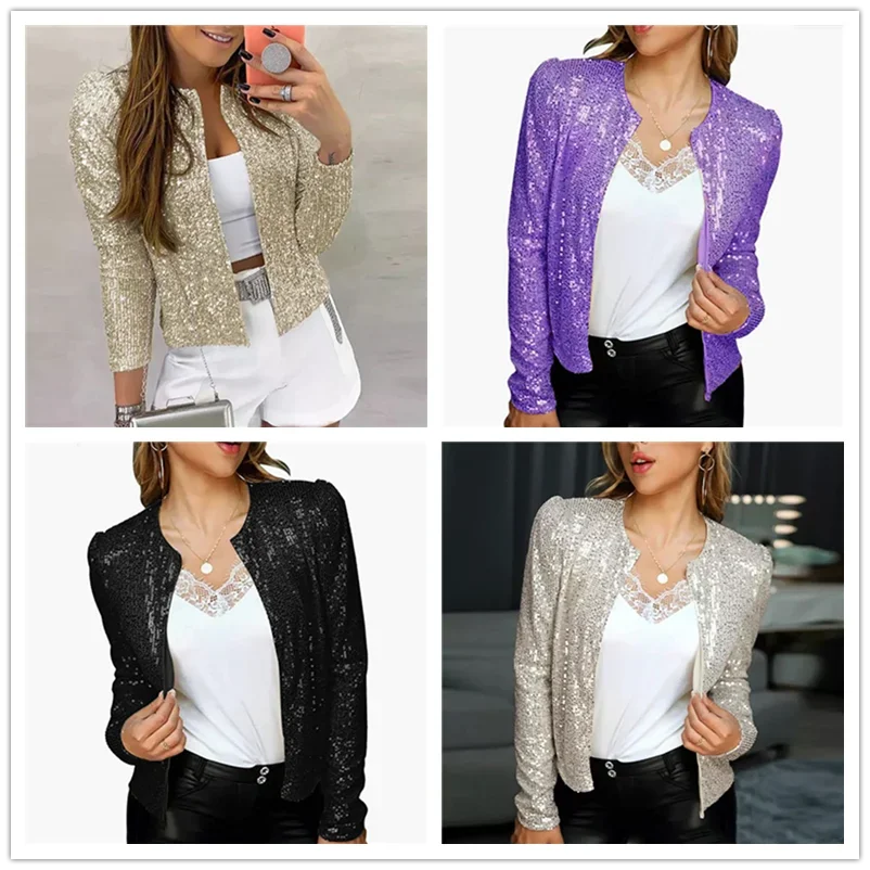 Women's Open Front Sequin Jacket, Long Sleeve, Puff, Short Blazer, Casual Coat, Champagne, Black, Sparkly, Shiny, Summer, Spring