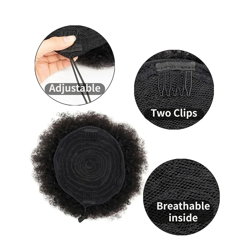 Kids Hair Puff Natural Black Human Hair Afro Puff Drawstring Ponytail for Girls Black Women 4 Inch Kinky Curly Hair Updo Chigno