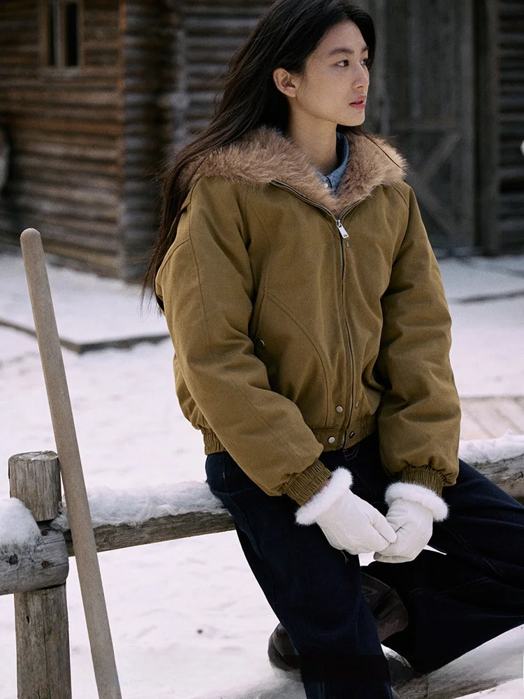 

Jicouture Thiened Winter Cotton Jaet Women's Hooded Coat Fluffy Svel Straight Cut Long Zipper Pure Color Faion