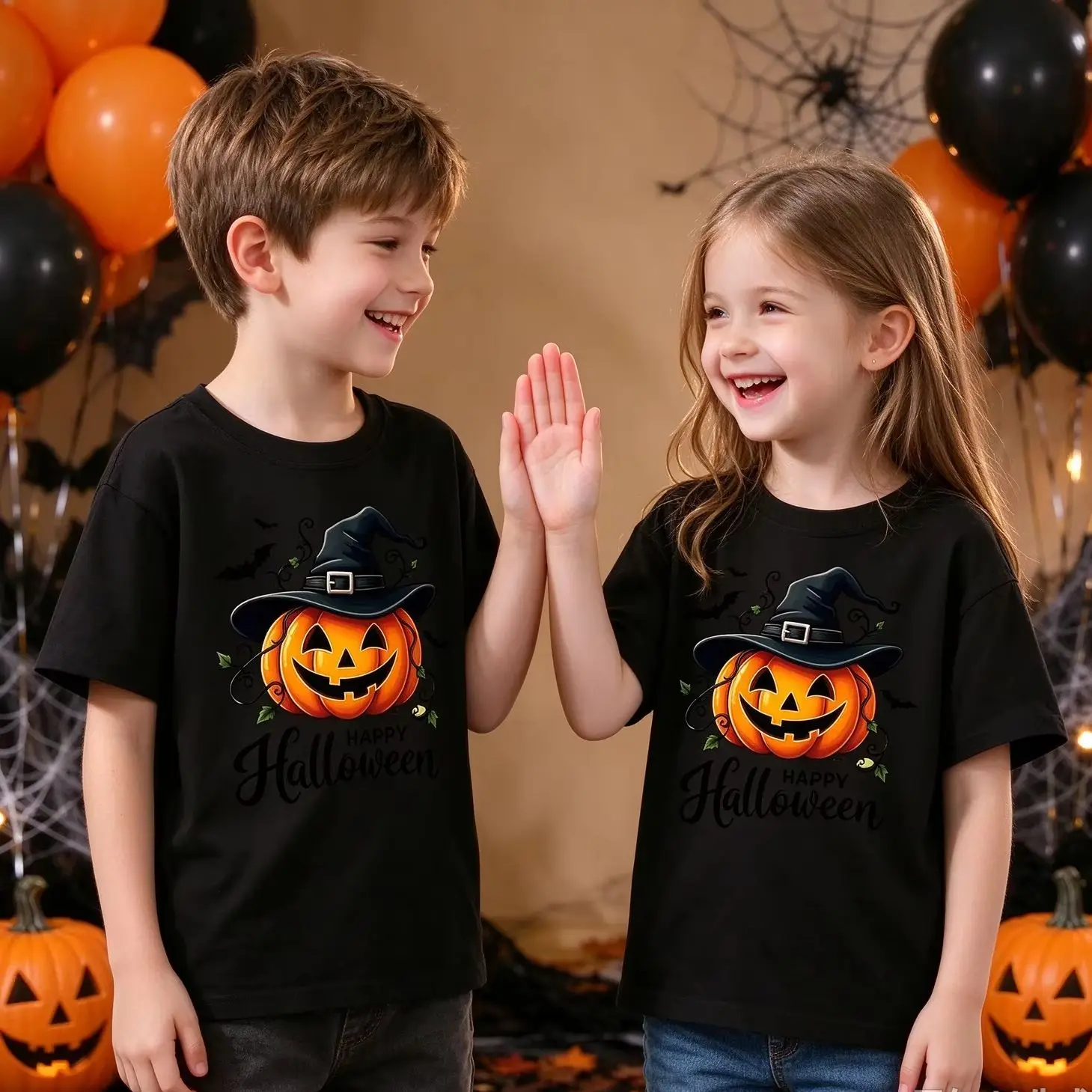 Kids Cute Halloween T-Shirt,Ghost Pumpkin Black Cat Witch Hat Print Short Sleeve Tee, Boys Girls Halloween Party Casual Tops
