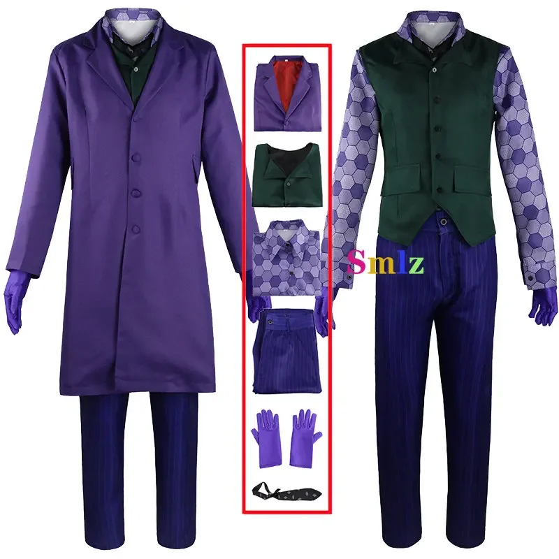 Heath Ledger Cosplay Suit Halloween Men Movie Knight Joker Costume Purple Jacket Trench Vest Pants set completi