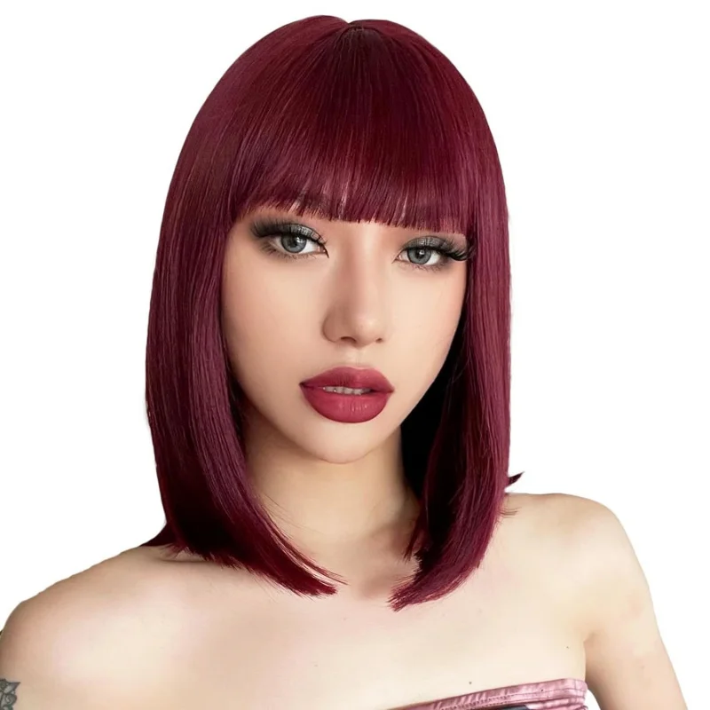 

Fashion Women's Wine Red #99j Short Straight Bob Wigs with Bangs Synthetic Wigs