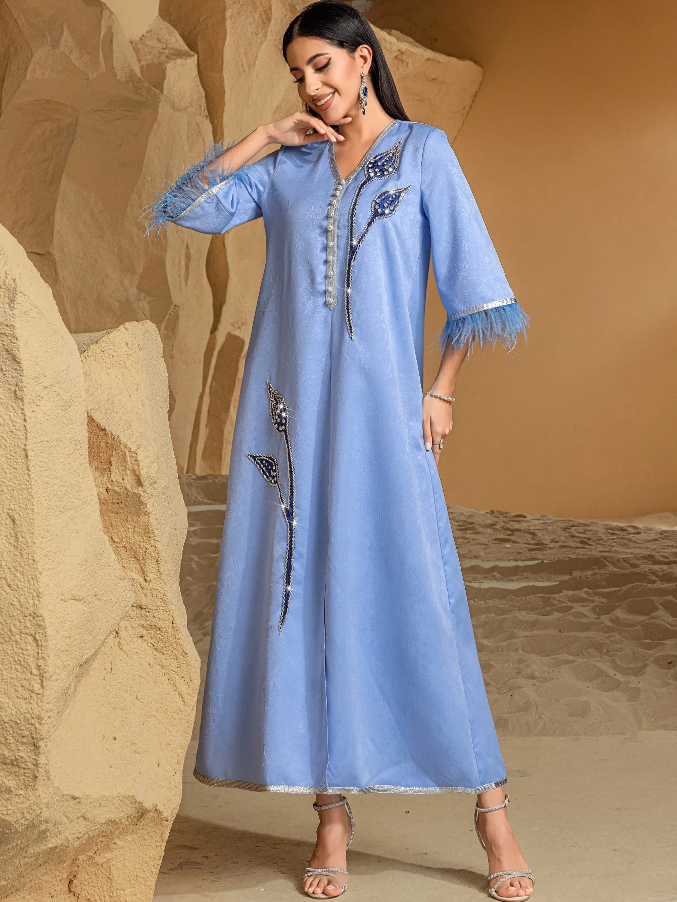 

Blue Abayas for Women Diamonds Muslim Dress Eid Ramadan Tassel Sleeve Evening Party Dresses Morocco Kaftan Islam Clothing Robe