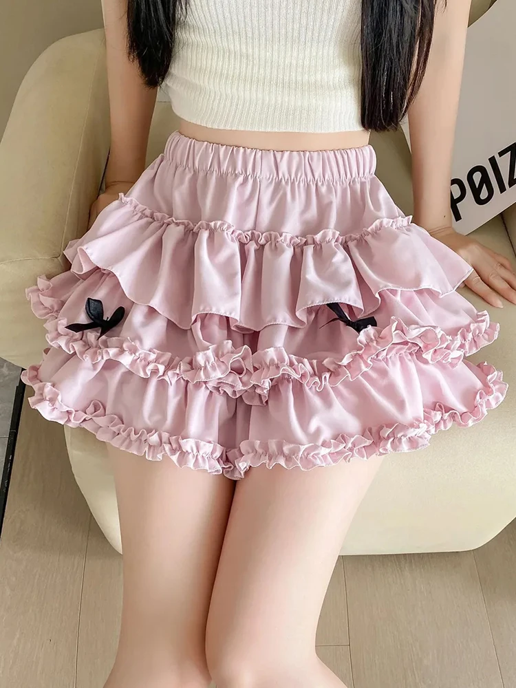 Jmprs Lolita Słodka Spódniczka z Kokardą Damska Urocza Codzienna Spódniczka Mini z Wysokim Stanem Wyszczuplająca Sexy Japonia Kawaii Preppy Styl Różowa Spódnica w Kształcie Litery A Nowa