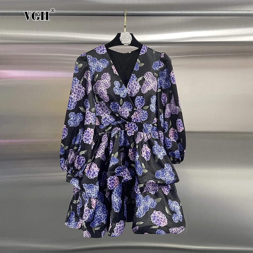 

VGH Floral Printing Women Party Short Dresses V Neck Long Sleeve High Waist Temperament Tunic Pleated Slimming Dress Female New