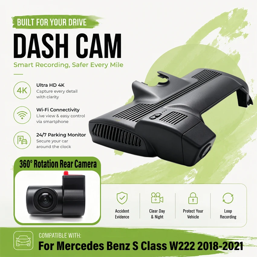 Dashcam for Mercedes Benz S Class W222 S320 S350 S450 S500 for Maybach S Class W222 2018-2021 Car DVR Plug and play Dash Cam 4K