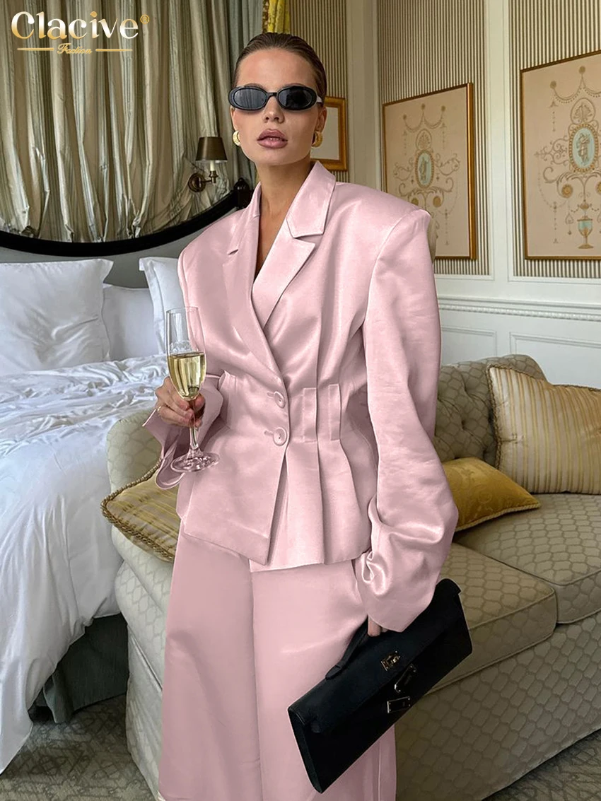 Clacive Fashion Loose Pink Satin Trousers Sets For Women 2 Pieces 2024 Elegant Long Sleeve Blazer With High Waist Wide Pants Set