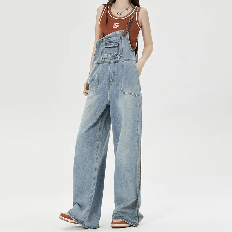 American Casual Retro Wide Leg Shoulder Strap Jeans for Female Students with Reduced Age Y2K Hip-hop Fashion Floor Pants Denim