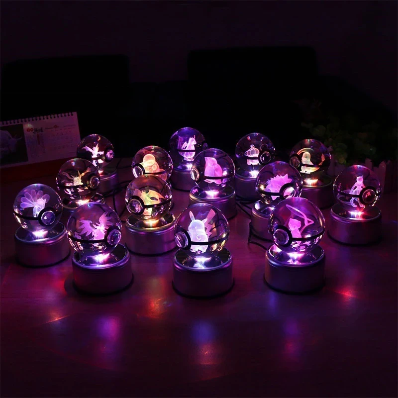 Pokemon 3D Crystal Ball Pikachu Mewtwo Arceus Model Three-Dimensional Figures Pokeball Glass Ball Colorful Lamp Base Ornaments