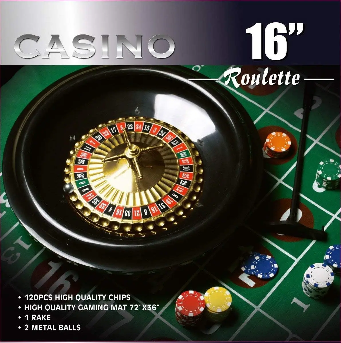 

16-Inch Roulette Wheel Game Set with 120 11.5-Gram Chips, Full Size 3'x6' Felt Layout, and Rake