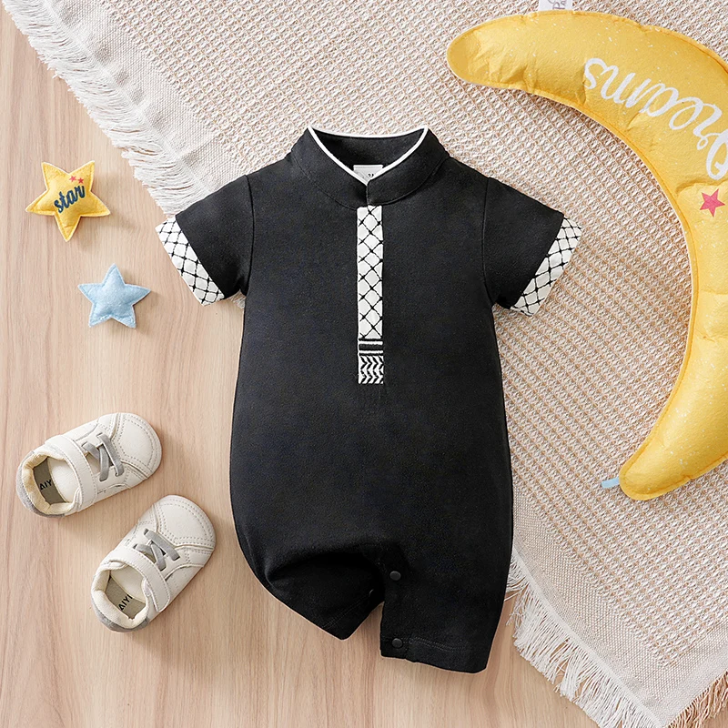 

Детская одежда для новорожденных в традиционном этническом стиле Ближнего Востока, исламский хлопковый комбинезон для малышей на Ид аль-Адха, черный, летний, с короткими рукавами.