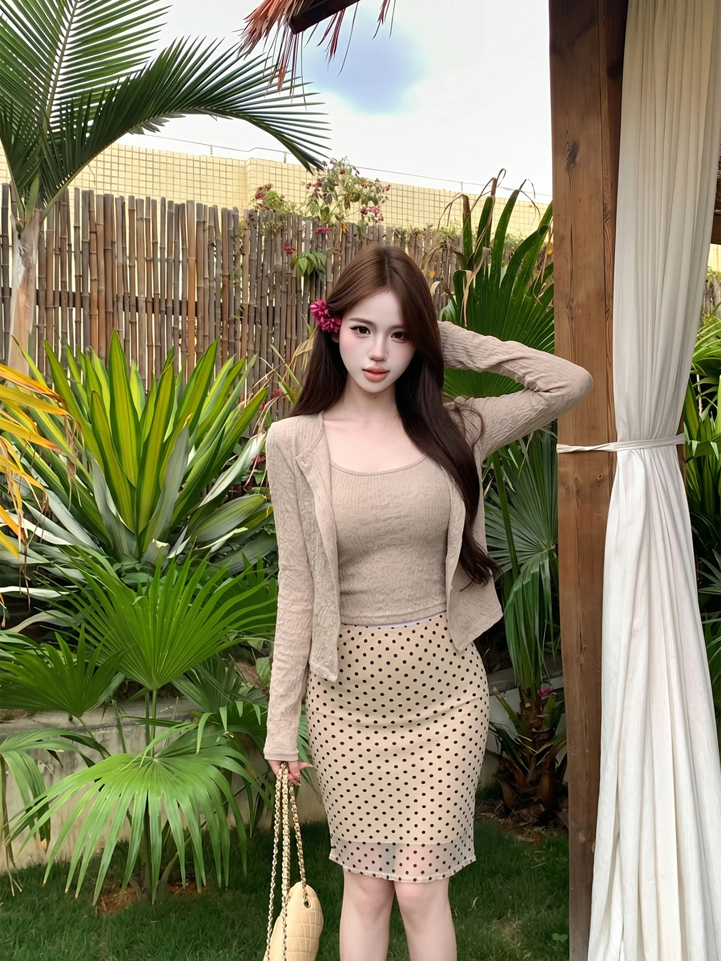 

Vacation Style Set Textured Short Cardigan Strap Vest Women Summer Polka Dot Wrap High Waist Skirt Three Piece Suit Casual Wear