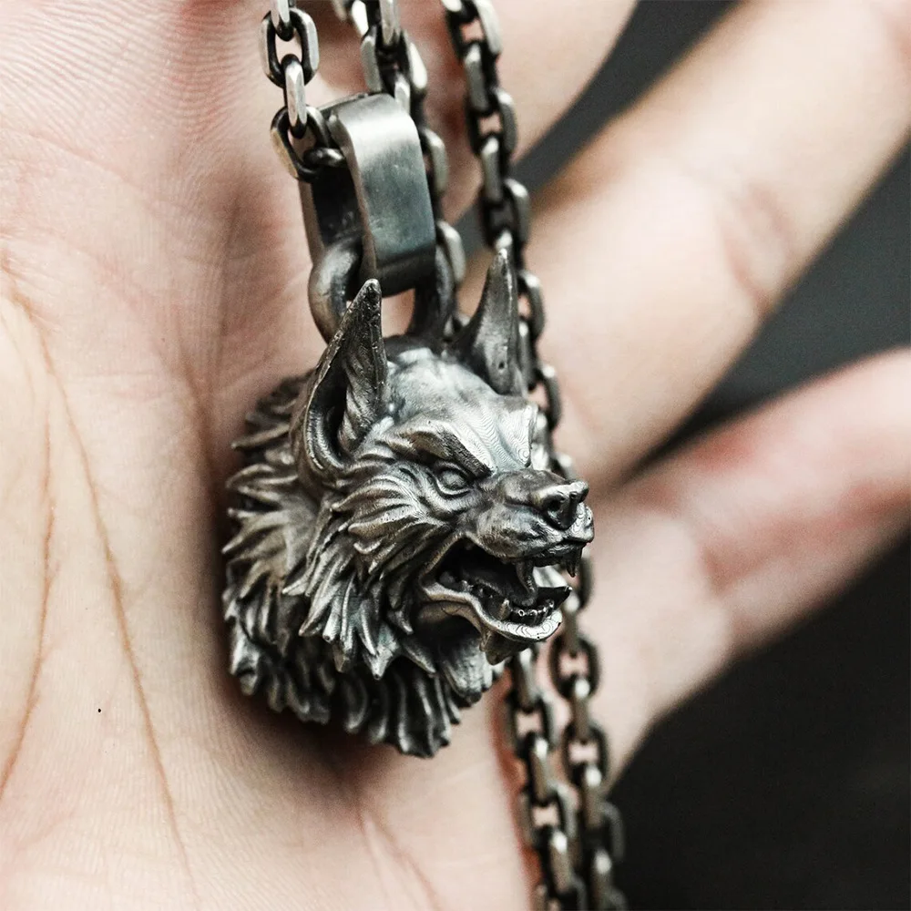 European and American Retro Silver Color Stainless Steel Wolf Head Necklace Men Rock Hip-hop Party Jewelry Necklace Accessories