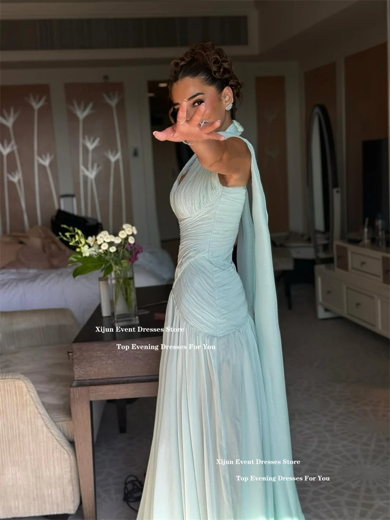 Suknie wieczorowe Xijun z szyfonu w kolorze miętowym, fason A-line, z szalem, dekolt w serek, formalne suknie balowe, plisowane, długie suknie balowe w stylu arabskim saudyjskim, szyte na miarę.
