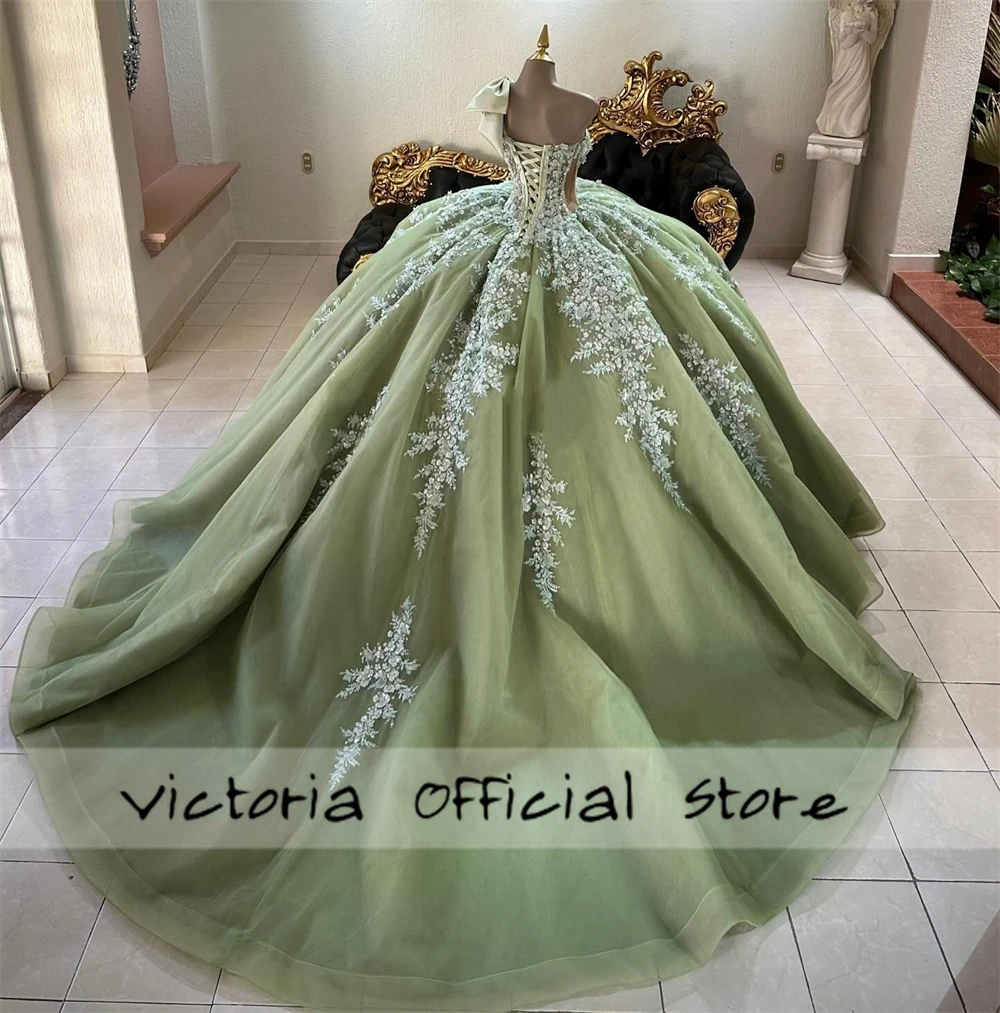 Fresh Sage Green Sweet 16 Quinceanera Dresses One Shoulder Beads Lace Applique Princess Ball Gown vestidos de 15 años Customized