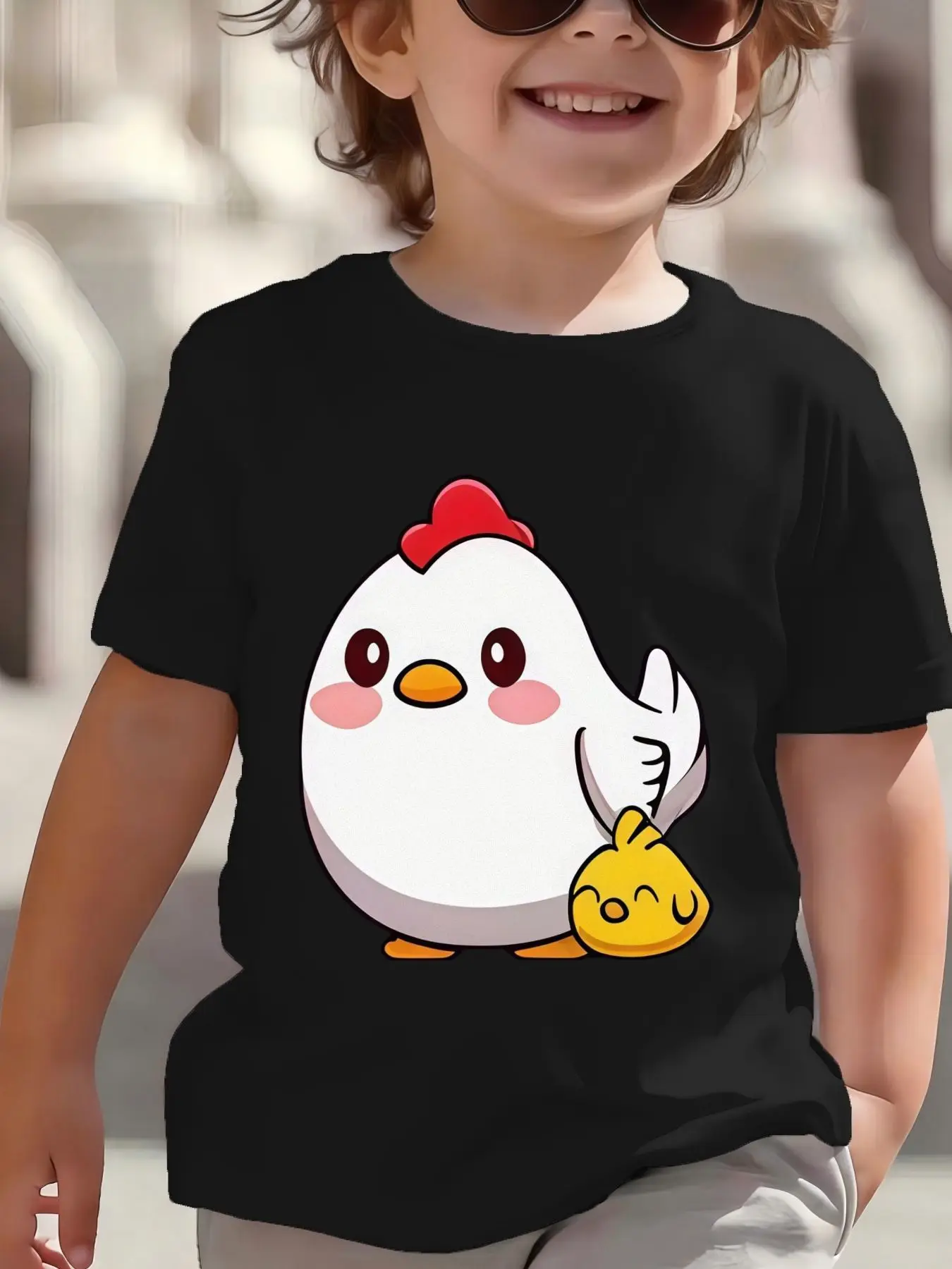 Cute White Hen With Sleeping Chick Cartoon Print T Shirt Boys Girls Lovely Short Sleeve Tee Family Matching Kids Cotton Tops