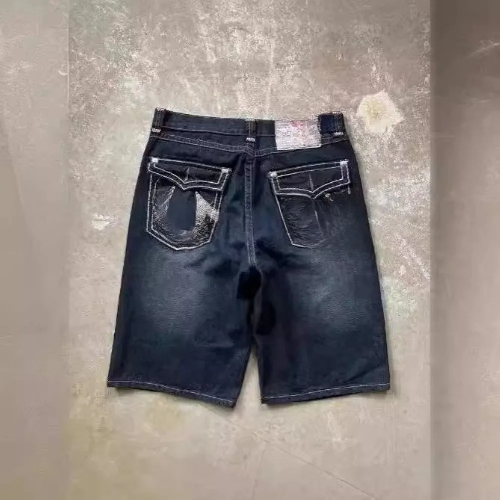 

American vintage style embroidery horseshoe mens shorts streetwear baggy denim short Y2k fashion trend sweatpants men clothing