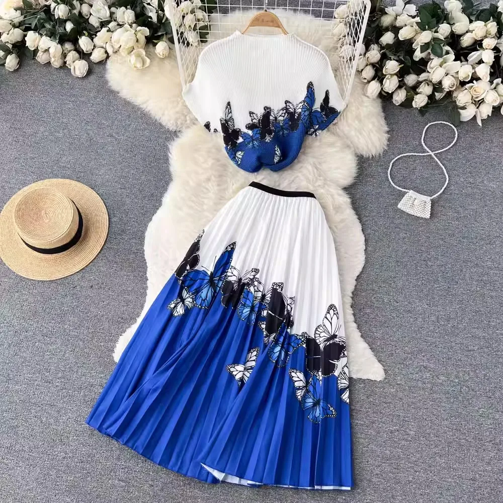 Sommer Strand Party Röcke Anzug Frauen elegante Hemden Blusen und plissierte Saya 2 Stück Set weibliche Boho Maxi Vintage Kleidung neu