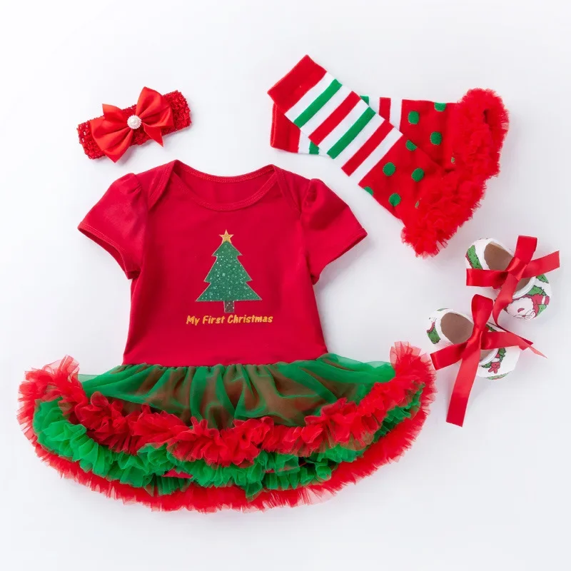 Christmas Baby Clothing Newborn Clothes Set Snow Flower Print Rompers Dress + Headband Shoes Outfits Baby\'s My First X-mas Gifts