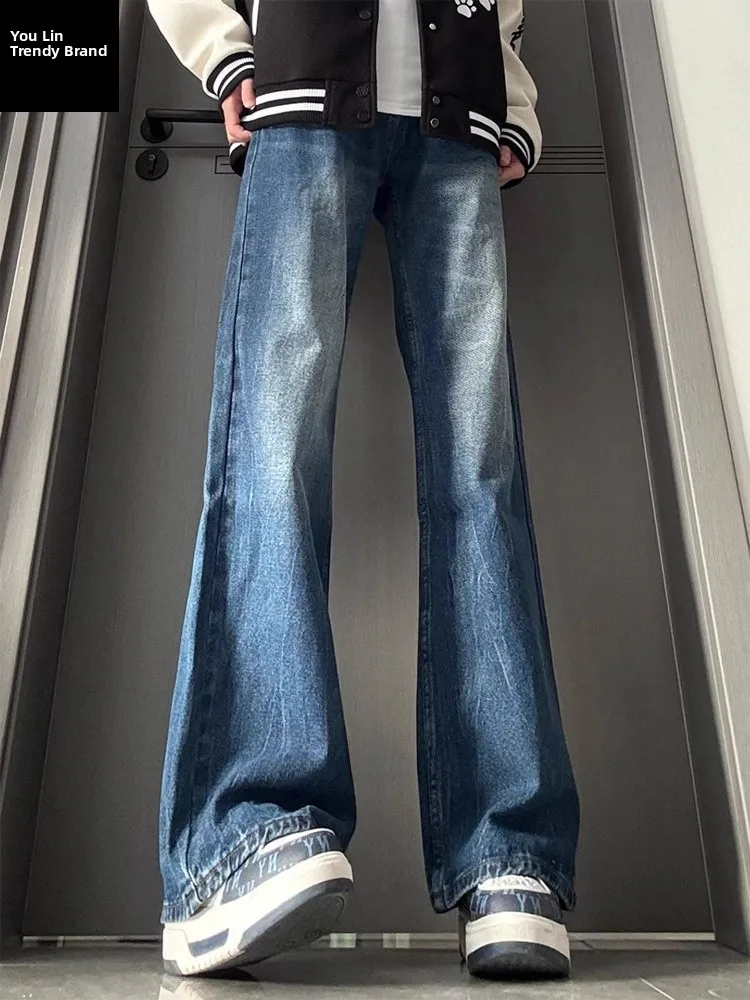 

Cleanfit Light Blue Lightning Pattern Extended Straight Leg Jeans Men's American Sle High Waist Long Straight Leg Trousers