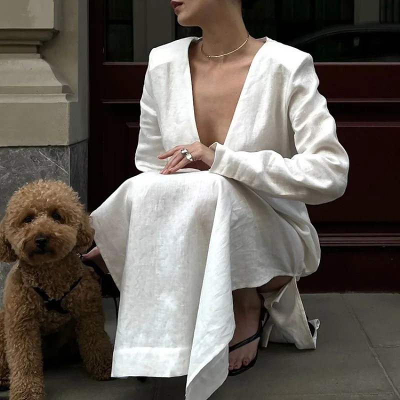 V Neck Slit Vacation Boho Dress Streetwear Elegant France Cotton Loose Long Dress for Women Casual Fashion White Long Sleeve