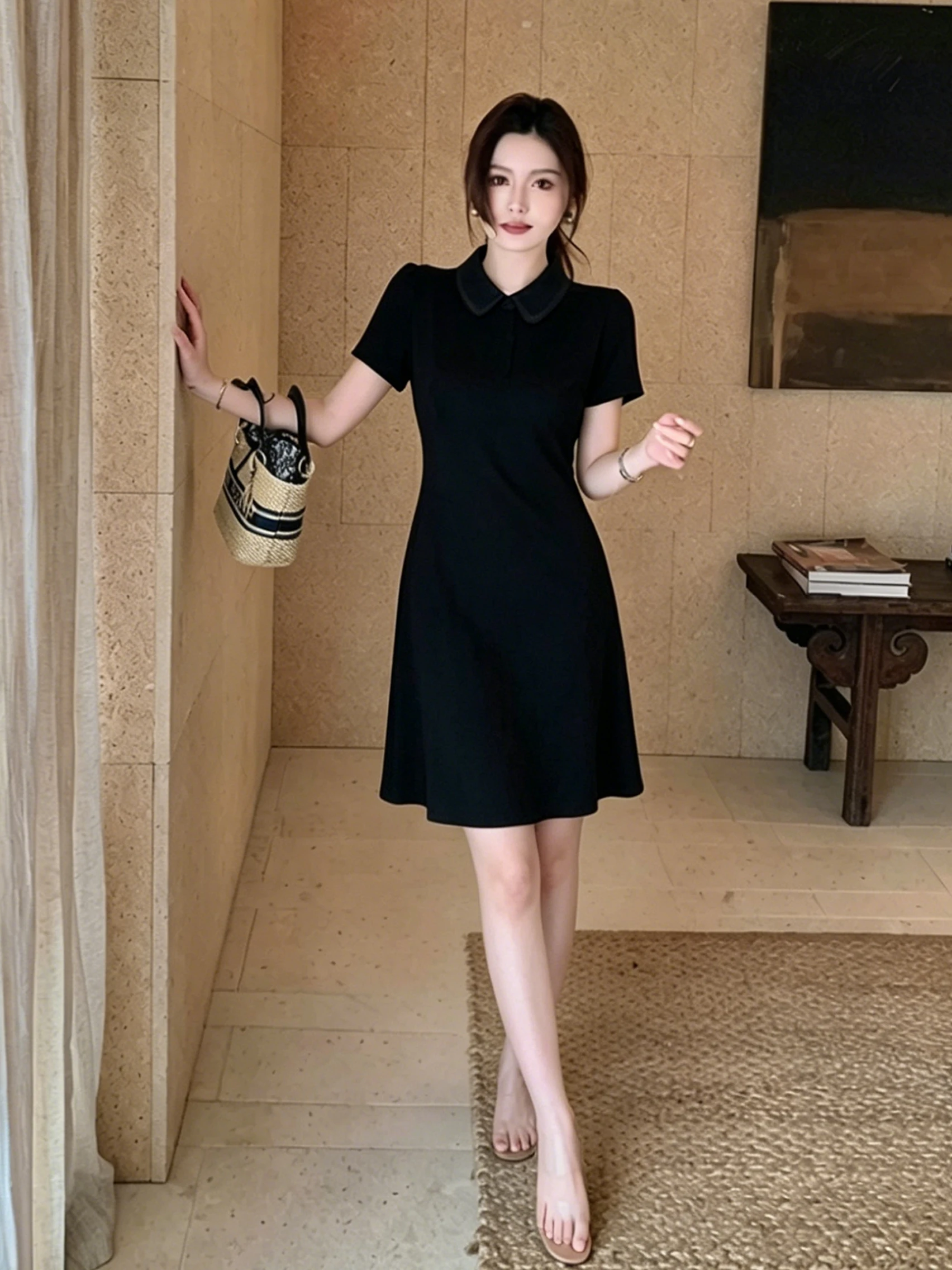 

Retro Collar Embroidered Casual Slimming Versatile Summer New Style Dress High Waist A-Line Skirt Short Sleeve Women's D...