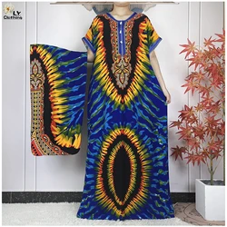 New Style Muslim Abayas For Women Summer Short Sleeve Dubai Cotton Loose Femme Robe African Traditional Dresses With Headscarf