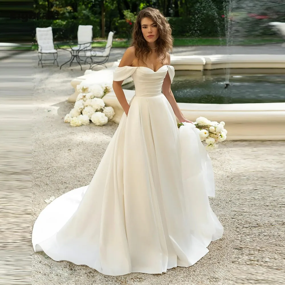 

Eightale Arabic Wedding Dress off the Shoulder Customized Ivory Satin A-Line Muslim Bridal Gown Princess Bride Party Dress