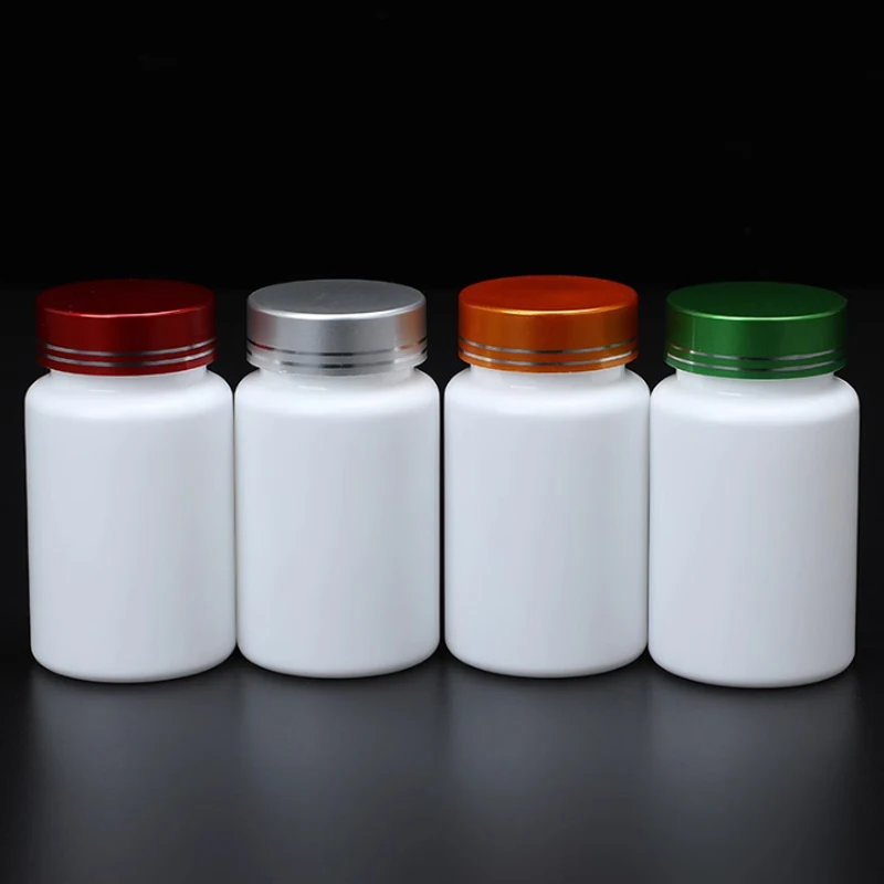 

100pcs 120ml White Food Grade HDPE Lightproof Plastic Bottle 120CC Powder Pills Caspule Bottle Red Silver Gold Green Metal Caps