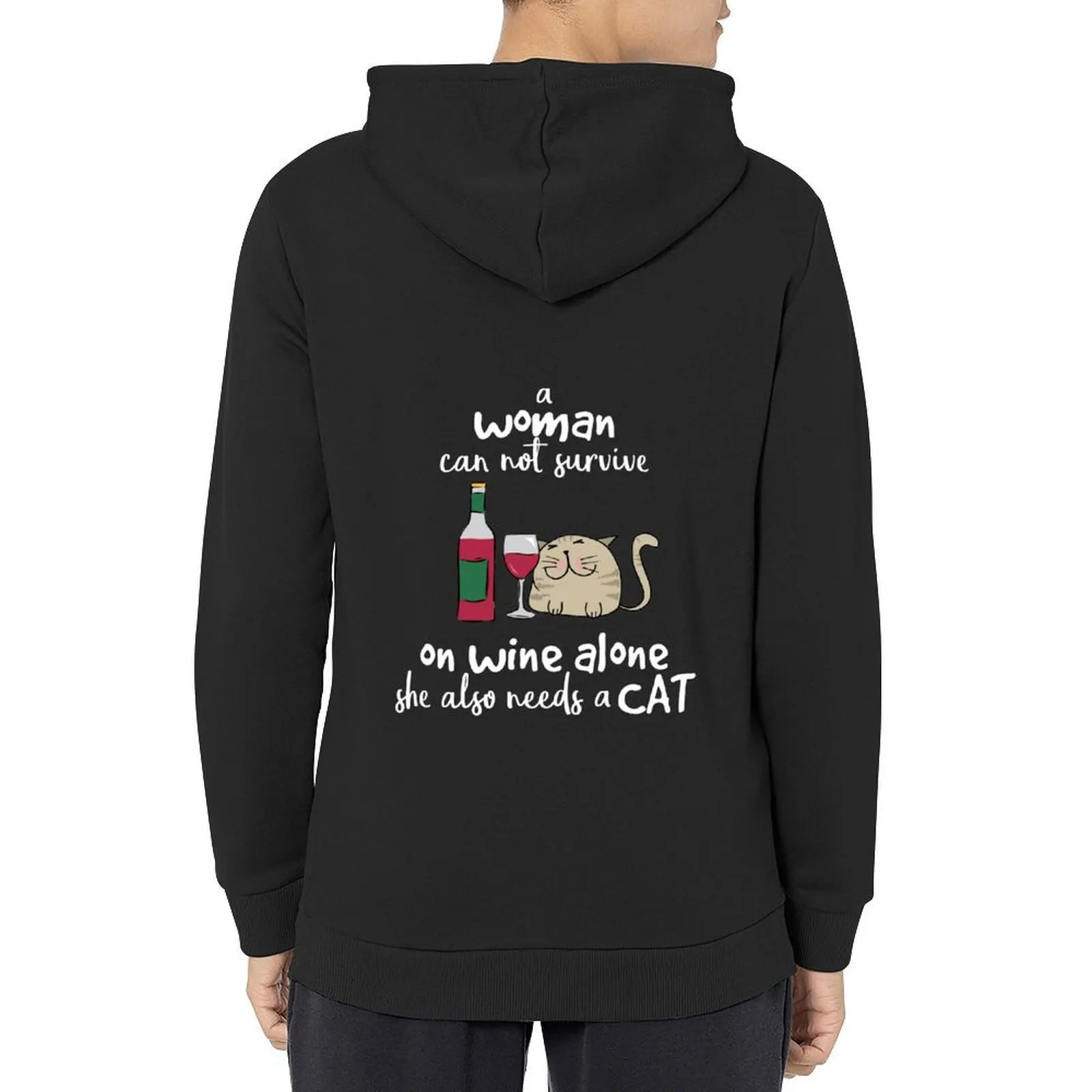 

A Woman Cannot Survive on Wine Alone, She Also Needs a Cat Hoodie japanese style men's winter sweater hoodie oversize
