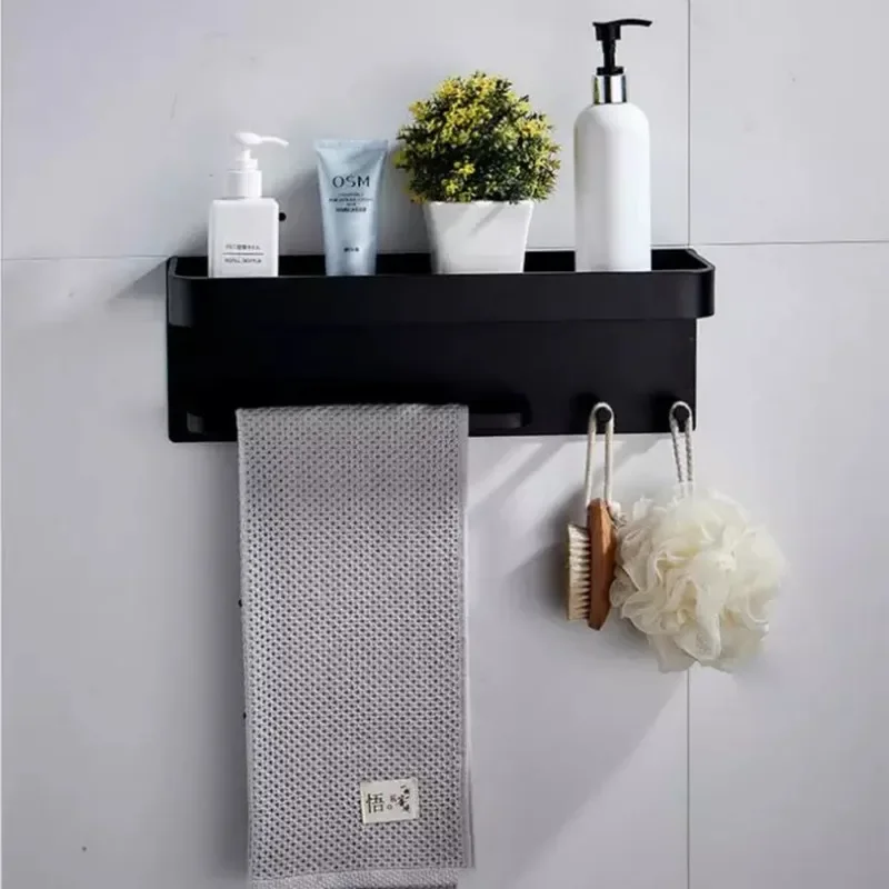 Bathroom Kitchen Shelf Black/Silver Aluminum Wall Mounted With Towel Rack And Hoook Shower Holder Storage Racks Adhesive Or Nail