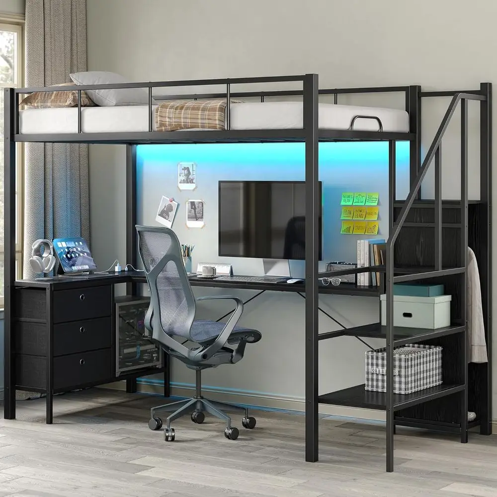 

Furniouse Twin Loft Bed with Desk and Storage Stairs and Wardrobe, Heavy Duty Loft Bed, RGB LED Bed with USB Port, Outlets and A