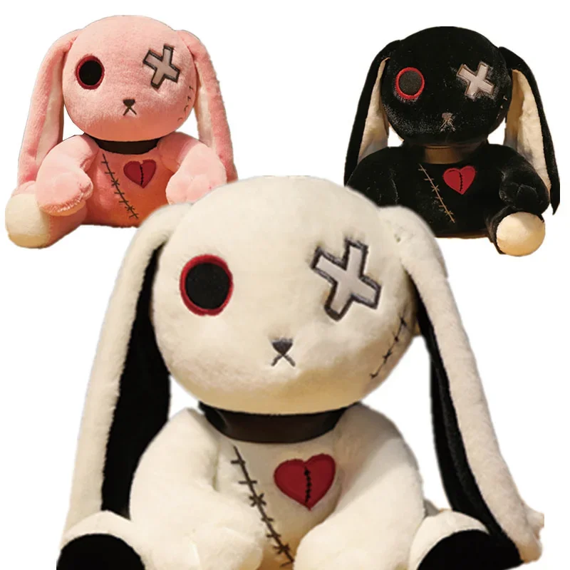 Dark Devil Black Rabbit Plush Toy Cross Eyes Punk Lolita Pink Bunny Stuffed Animals Broken Heart Stitched Rag Doll Girl Gift