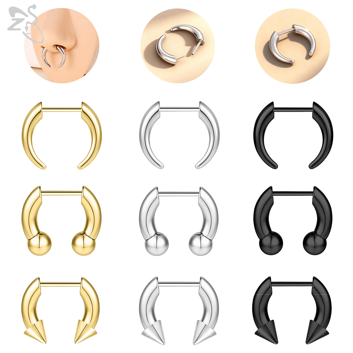 ZS 1PC 16G Buffalo Horn Nose Piercing Stainless Steel Pincher Plug In Septum Ring Stretcher Expander Gold Color Nose Ring 8mm