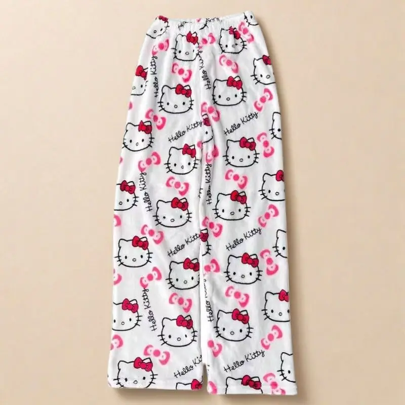 Sanrios مرحبا كيتي منامة النساء الفانيلا فضفاضة عارضة بيجامة بانت رشاقته الدافئة الكرتون المنزل السراويل الخريف الشتاء الملابس هدية
