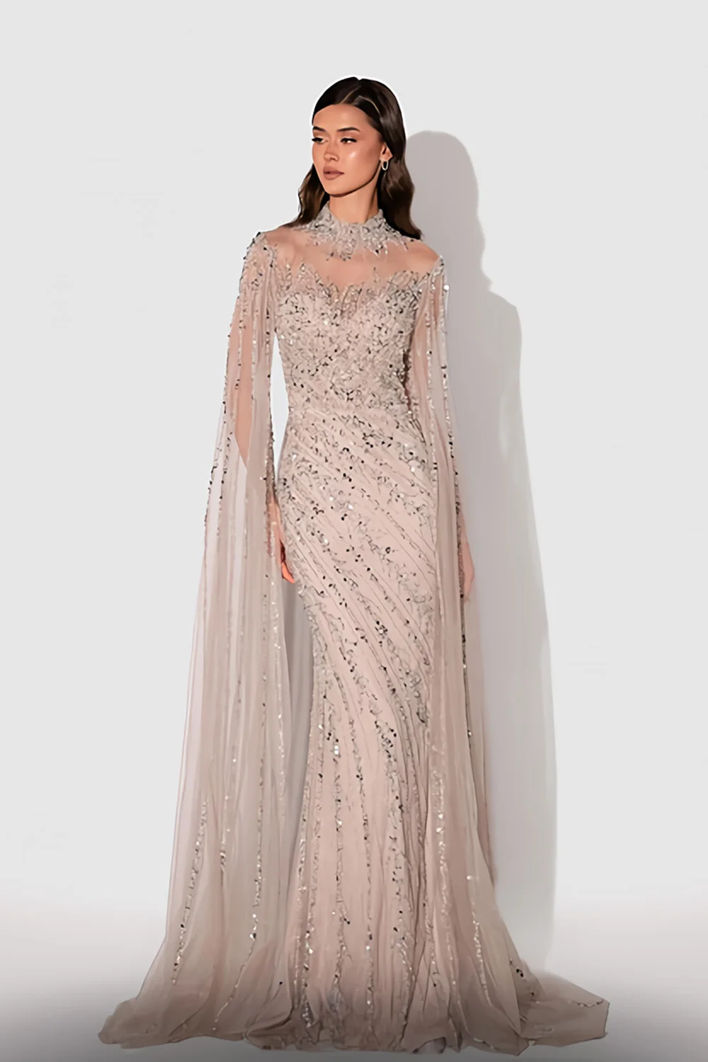 YQLNNE Muslim Black Nude Evening Dresses Long High Neck Cape Tulle Crystals Beaded Sequins Formal Evening GownMermaid